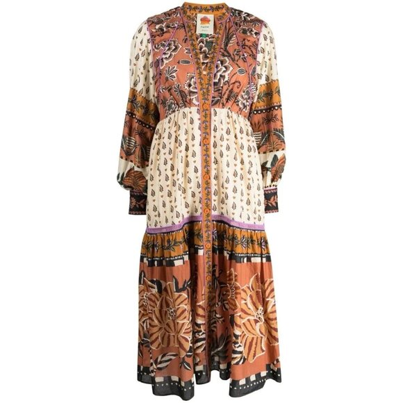 Farm Rio Beige Ainika Floral V Neck Midi Dress Size Small NEW Boho Festival - Picture 1 of 11